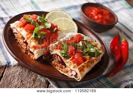 Chimichanga With Minced Meat, Vegetables And Cheese Close-up Horizontal