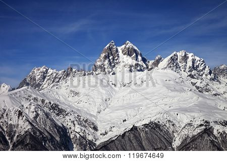 Mount Ushba In Winter At Sunny Day
