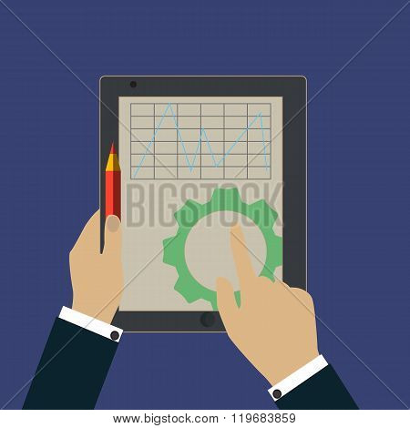 Tablet PC in human hands. Flat style vector.
