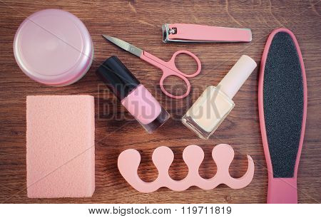 Vintage Photo, Cosmetics And Accessories For Manicure Or Pedicure, Concept Of Foot, Hand And Nail Ca