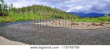 Panorama Of A Mountain River In Siberia.