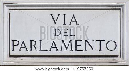 Street plate of the road where is the italian parliament