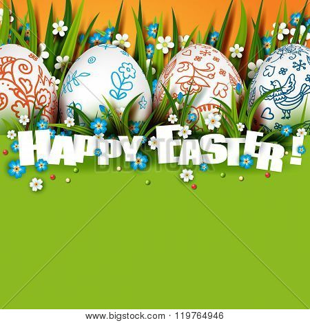 Template card with Easter eggs and flowers
