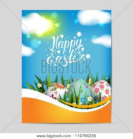 Template card with Easter eggs and flowers