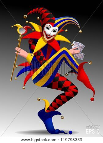 Joker with playing cards and mirror on dark background. Three dimensional stylized drawing. Vector illustration