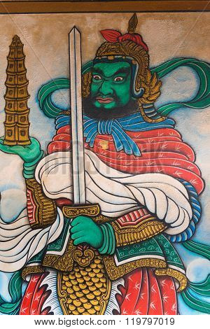 Fierce Character On A Religious Painting Inside Li Thi Miew Shrine