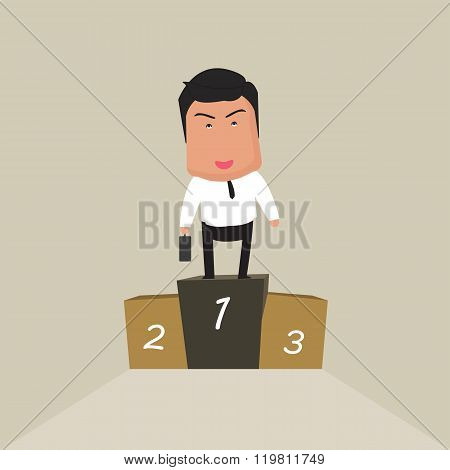 Businessman stick figure standing on a podium with raised hands. Business competition concept