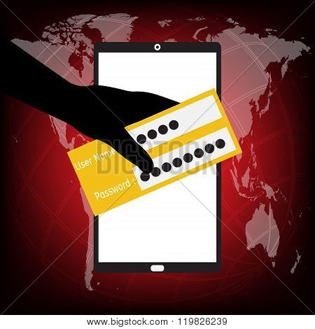 Unknown Hacker Person Stolen Username And Password Login On Victim Tablet Smartphone On World Map