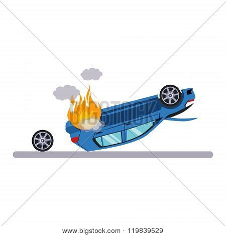 Car and Transportation Issue with Burning Car. Vector Illustration