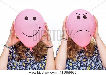 Two Girls Holding Pink Balloons With Facial Expressions For Heads