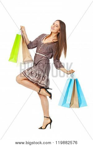 Fullbody Portrait Of Beautiful Woman With Bags Isolated On White.