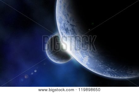 3D space background with fictional planets and nebula