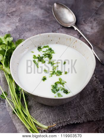 Cold soup with sour milk and fresh herbs on the stone table