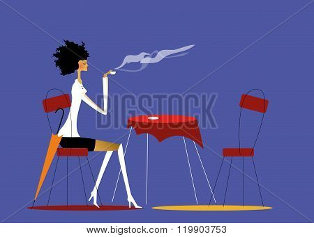 Vector Illustration Of One Young Women Having Coffee.