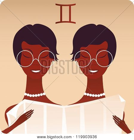Cartoon Illustration Of Gemini Or The Twins Horoscope Zodiac Sign Reading The Newspaper