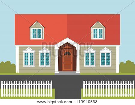 House with a red roof and white fence