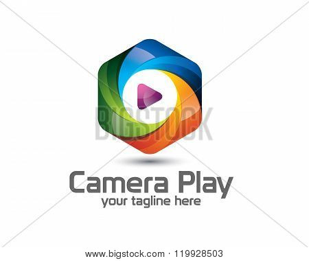 3D Camera Photography Logo Design. Colorful  3D Photo Logo Vector Template. Camera Play Concept With