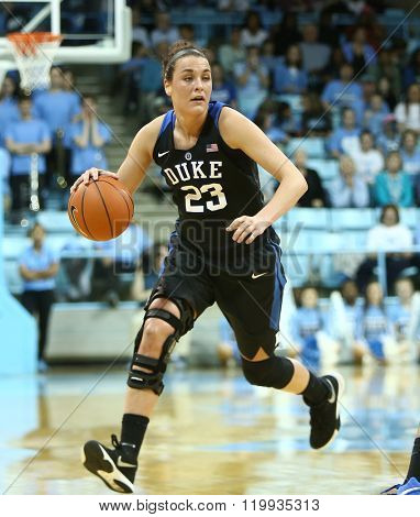 CHAPEL HILL, NC-FEB 28: Duke Blue Devils guard Rebecca Greenwell (23) dribbles the ball against the UNC Tar Heels on February 28, 2016 at Carmichael Arena in Chapel Hill, North Carolina.