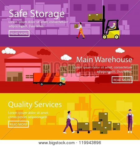 Logistic and delivery service concept banner. Warehouse interior. Vector illustration in flat style