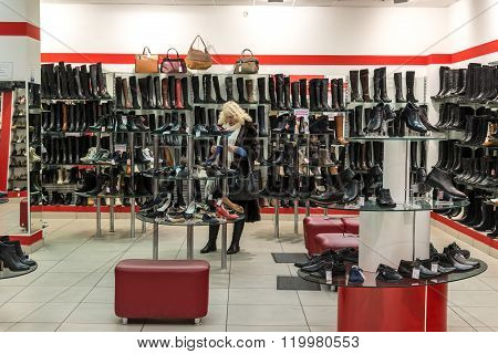 Zelenograd Russia - February 20 2016. An Interior Calipso shoe store