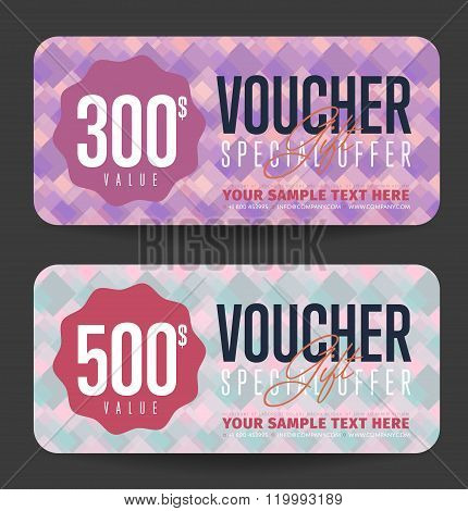 Voucher design. Discount coupon. Special offer voucher. Layout voucher. Voucher background. Sale voucher coupon. Voucher. Gift voucher template. Discount voucher. Gift certificate. Sides of gift voucher. Gift coupon template. Vector voucher template.