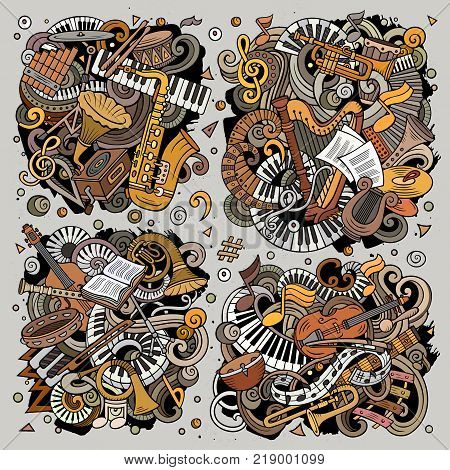 Colorful vector hand drawn doodles cartoon set of classical musical instruments combinations of objects and elements