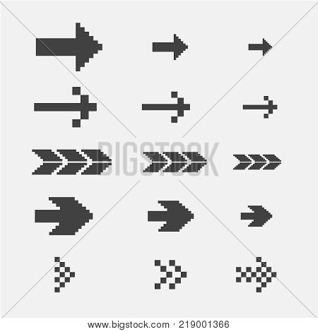 Black pixel arrows set vector illustration. 8 bit