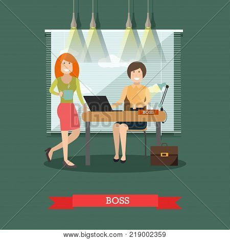 Vector illustration of women creative director and her colleague with cup of tea at office room. Boss concept flat style design element.