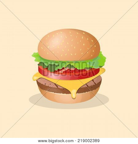 Hamburger - cute cartoon colored picture. Graphic design elements for menu, packaging, advertising, poster, brochure. Vector illustration of fast food for bistro, snackbar, cafe or restaurant