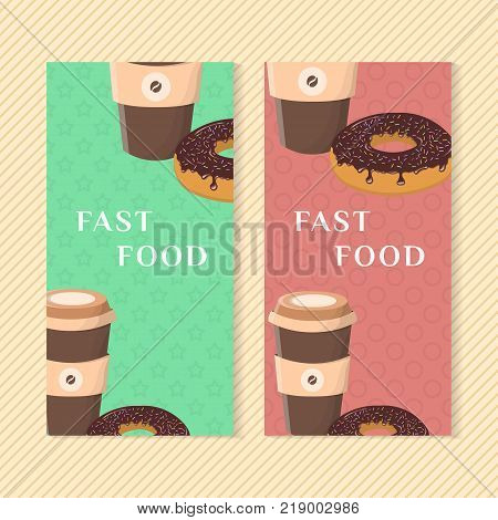 Fast food banners with donut and coffee. Graphic design elements for menu packaging, apps, advertising, poster, brochure and background. Vector illustration for bistro, snackbar, cafe or restaurant