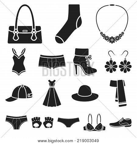 Clothes and accessories black icons in set collection for design. Shoes and decoration vector symbol stock web illustration.