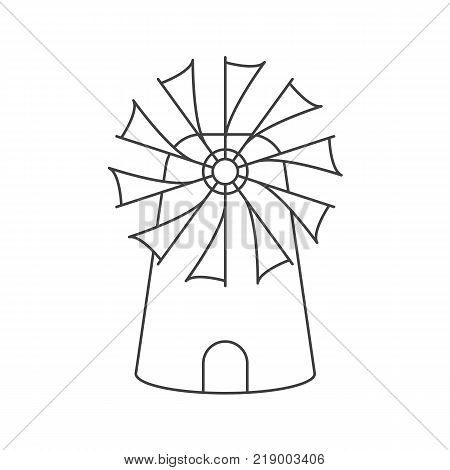 Contour of the Mill on white background. Vector illustration. Windmill drawing coloring book