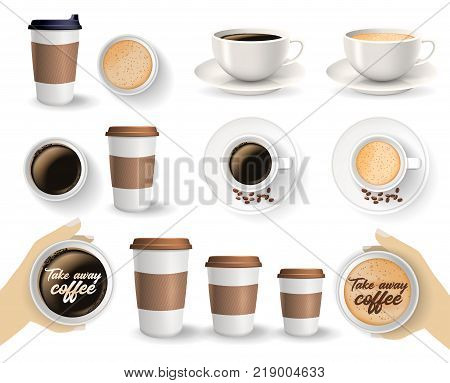 Set of to go and takeaway paper coffee cups in different sizes and coffee cups on saucers. Objects isolated on the white background.