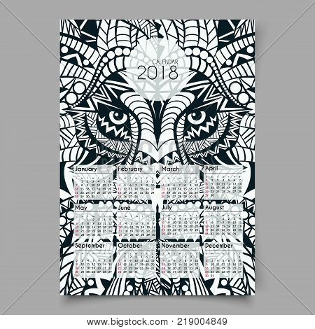 Calendar 2018. Ornamented head of the lion, African, indian, totem, tattoo design. Detailed Lion in aztec style