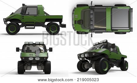 Set special all-terrain vehicle for difficult terrain and difficult road and weather conditions. 3d rendering