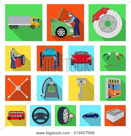Car, lift, pump and other equipment flat icons in set collection for design. Car maintenance station vector symbol stock illustration .