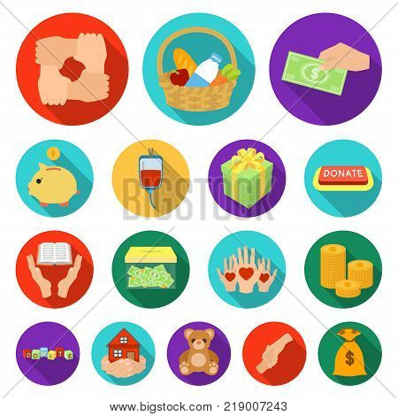 Charity and donation flat icons in set collection for design. Material aid vector symbol stock  illustration.