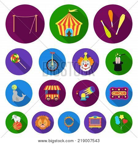 Circus and attributes flat icons in set collection for design. Circus Art vector symbol stock  illustration.