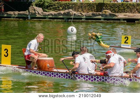 Rome Italy - July 30 2016: Dragon boat crews compete at the european championships held in Italy in 2016 summer the Polish crew
