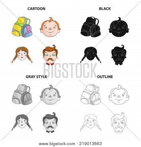 Backpack for rest, boy's faces, girls and men. Family holiday set collection icons in cartoon black monochrome outline style vector symbol stock illustration .