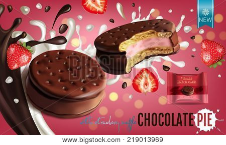 Vector realistic illustration of chocolate pie with milk and strawberry souffle. Horizontal ads poster with bokeh background.