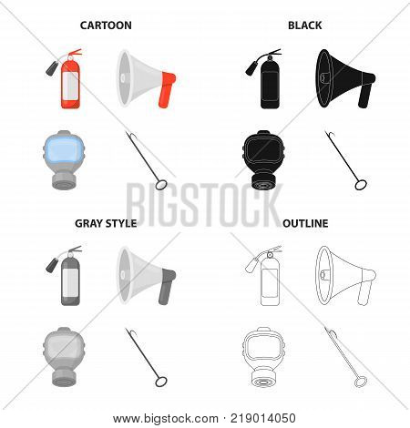 Fire extinguisher, megaphone, protective gas mask, hook. Fire Department set collection icons in cartoon black monochrome outline style vector symbol stock illustration .