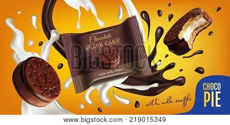 Vector realistic illustration of chocolate pie with milk souffle. Horizontal ads poster with sweets.