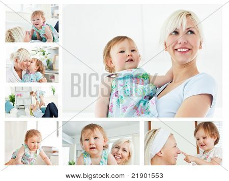 Collage of a blonde woman holding a baby in the living room in her apartment