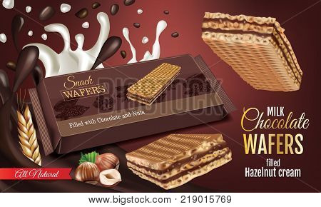 Vector realistic illustration of milk wafers with chocolate and hazelnuts cream. Horizontal ads poster with sweets.