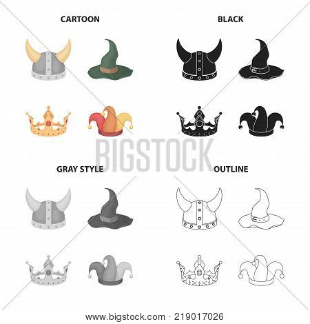 Viking helmet, wizard's hat, crown, jester's cap. Hats set collection icons in cartoon black monochrome outline style vector symbol stock illustration .