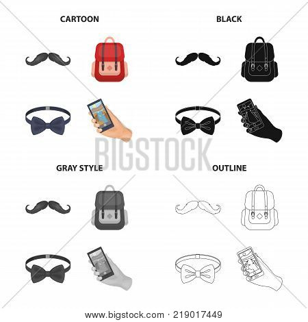 Hipster mustache, stylish backpack, bow tie, mobile phone in hand. Hipster style set collection icons in cartoon black monochrome outline style vector symbol stock illustration .