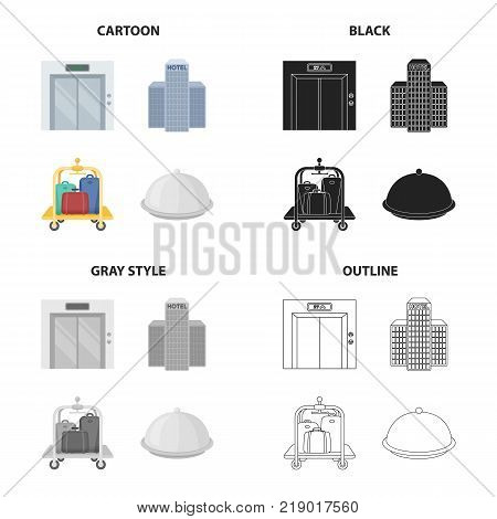 The elevator doors, the hotel building, the luggage trolley, the cloak .Hotel set collection icons in cartoon black monochrome outline style vector symbol stock illustration .
