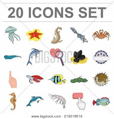 A variety of marine animals cartoon icons in set collection for design. Fish and shellfish vector symbol stock  illustration.