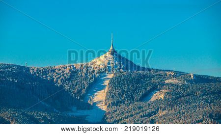 Morning sunrise at Jested Mountain and Jested Ski Resort. Winter time mood. Liberec, Czech Republic.